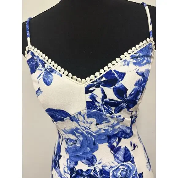 Jump Apparel Blue White Floral Midi Dress Women’s XS Spaghetti Strap Mermaid Hem - Picture 4 of 6